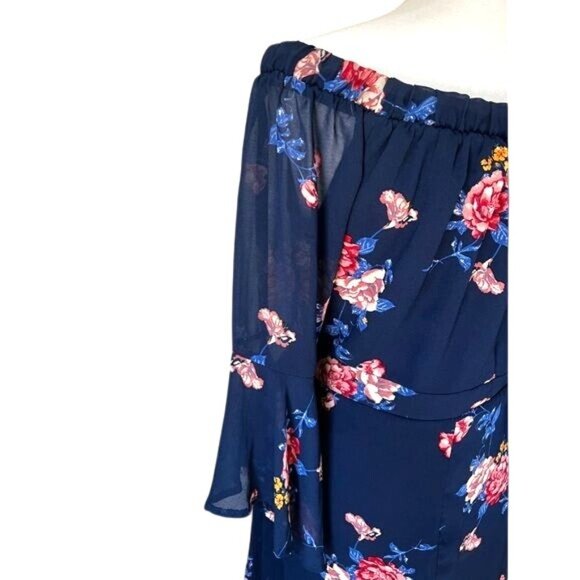 Xhilaration Floral Off-The-Shoulder Ruffle Navy Blue & Pink Dress Size Medium - Picture 11 of 12